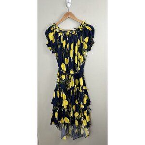 INA Lemon Dress Navy Tiered Ruffles High-Low Tie Waist Short Sleeve Sz Sm Whimsy